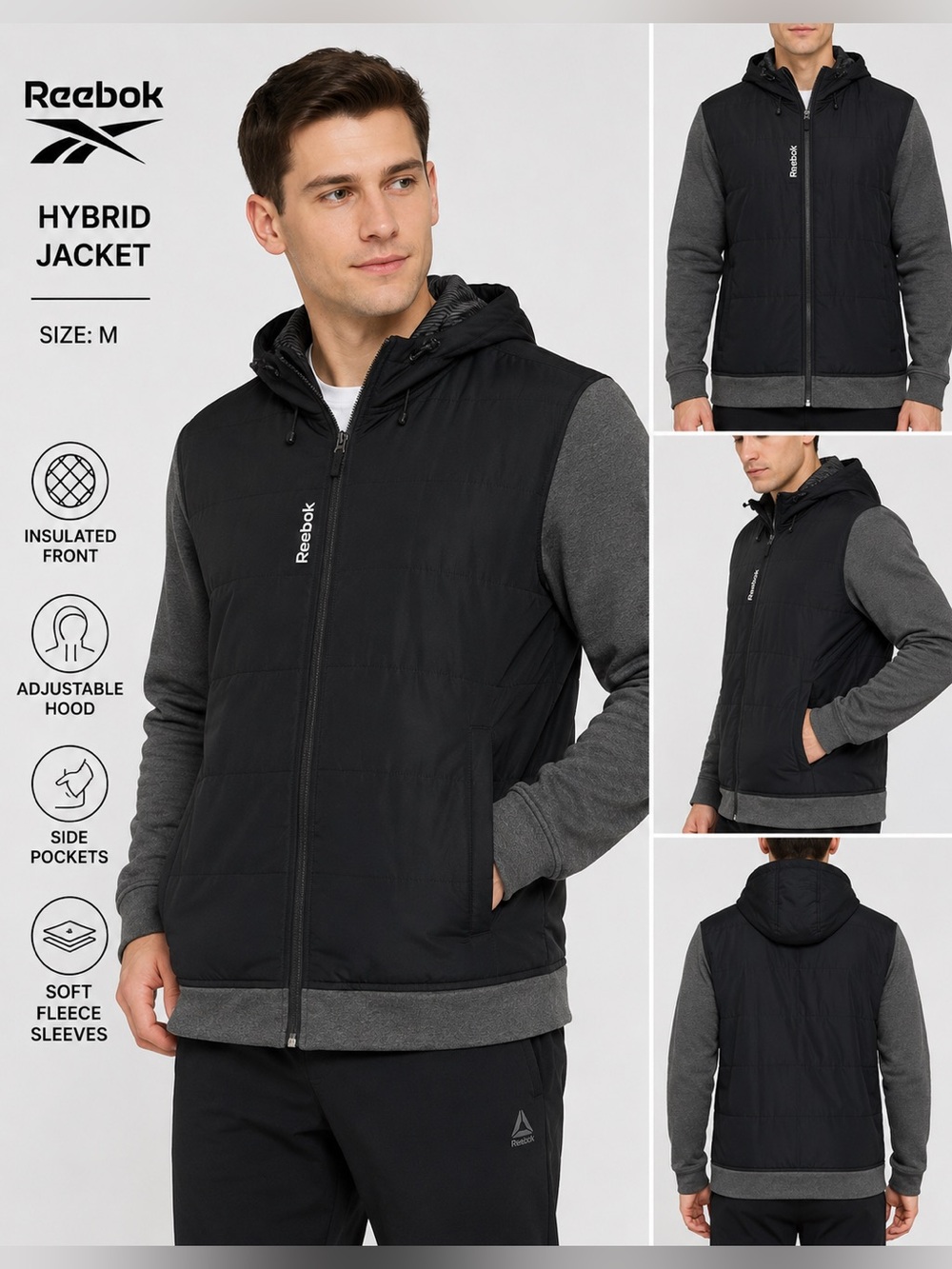 Reebok Hooded Hybrid Puffer Jacket Black Gray Size Medium M